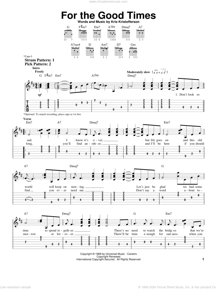 For The Good Times sheet music for guitar solo (easy tablature) by Ray Price, Elvis Presley and Kris Kristofferson, easy guitar (easy tablature)