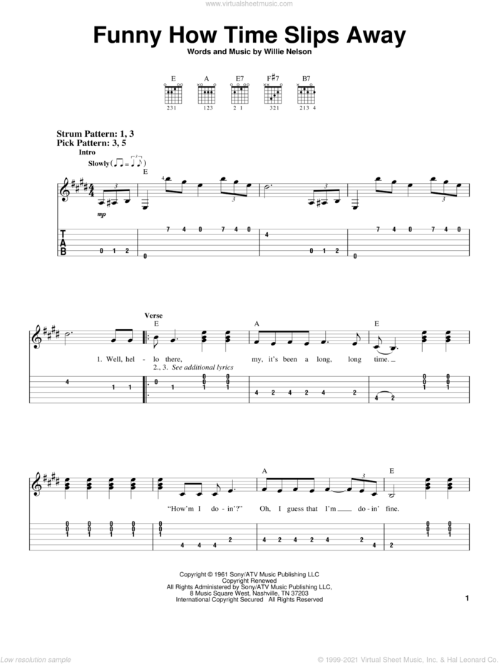 Funny How Time Slips Away sheet music for guitar solo (easy tablature) by Billy Walker, Elvis Presley and Willie Nelson, easy guitar (easy tablature)