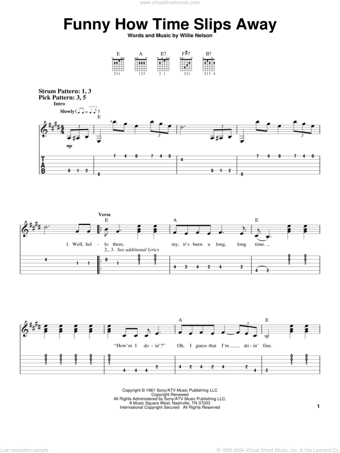 Funny How Time Slips Away sheet music for guitar solo (easy tablature) by Billy Walker, Elvis Presley and Willie Nelson, easy guitar (easy tablature)