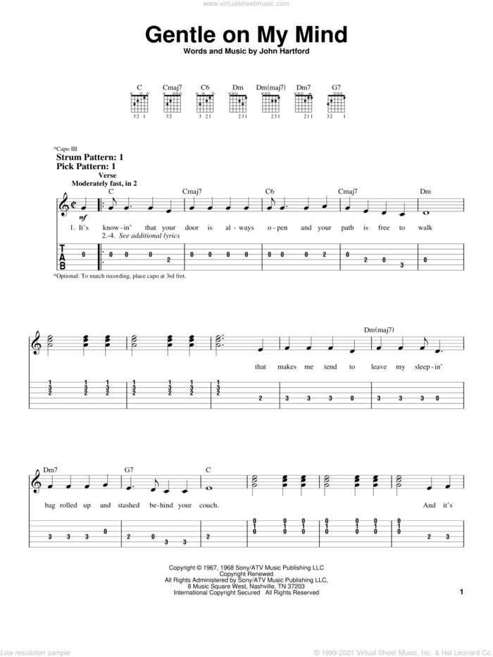 Gentle On My Mind sheet music for guitar solo (easy tablature) by Glen Campbell, Johnny Cash and John Hartford, easy guitar (easy tablature)