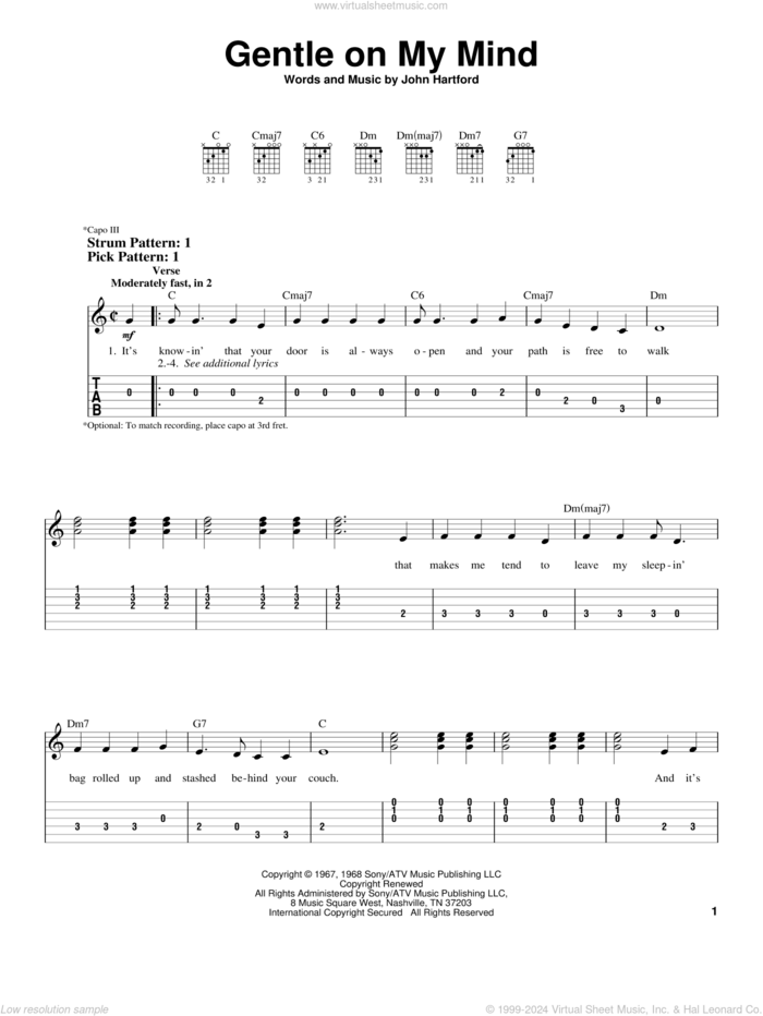 Gentle On My Mind sheet music for guitar solo (easy tablature) by Glen Campbell, Johnny Cash and John Hartford, easy guitar (easy tablature)