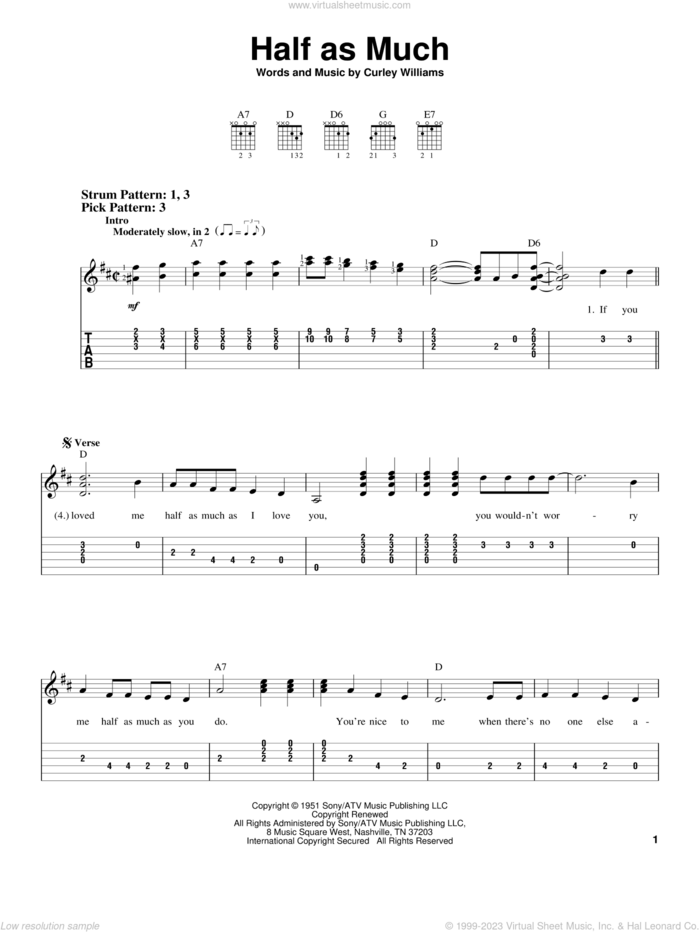 Half As Much sheet music for guitar solo (easy tablature) by Hank Williams, Patsy Cline and Curley Williams, easy guitar (easy tablature)