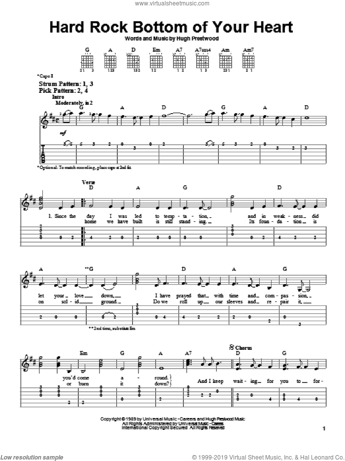 Hard Rock Bottom Of Your Heart sheet music for guitar solo (easy tablature) by Randy Travis and Hugh Prestwood, easy guitar (easy tablature)