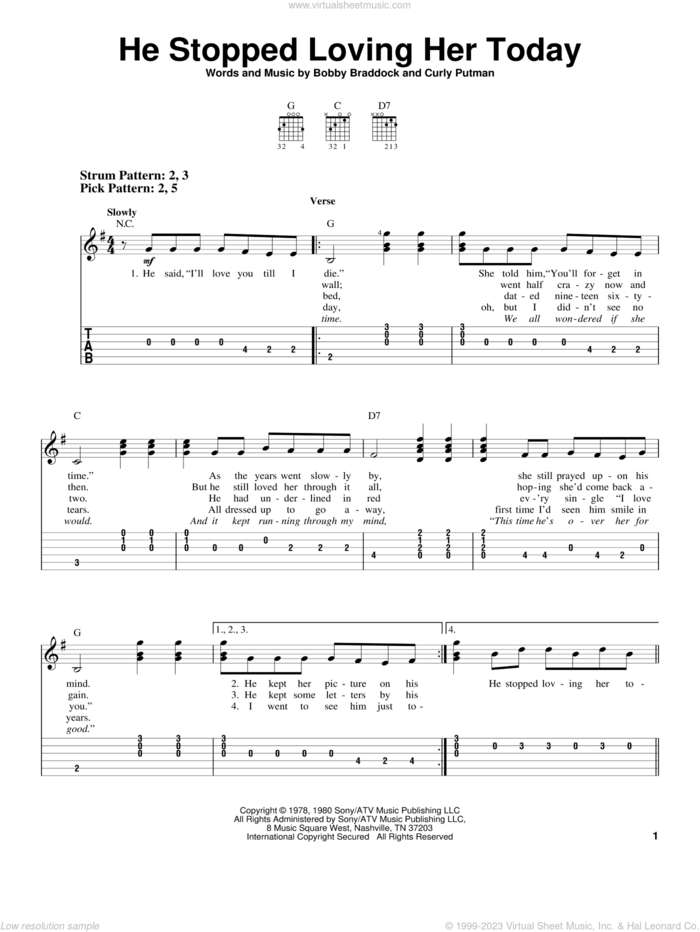 He Stopped Loving Her Today sheet music for guitar solo (easy tablature) by George Jones, Johnny Cash, Johnny Paycheck, Bobby Braddock and Curly Putman, easy guitar (easy tablature)