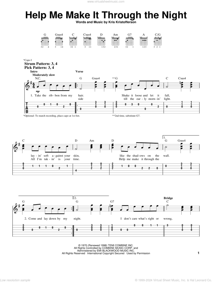 Help Me Make It Through The Night sheet music for guitar solo (easy tablature) by Sammi Smith, Elvis Presley, Willie Nelson and Kris Kristofferson, easy guitar (easy tablature)