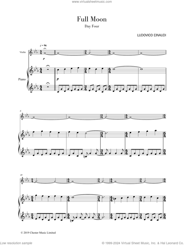 Full Moon (Day 4) sheet music for violin and piano by Ludovico Einaudi, classical score, intermediate skill level