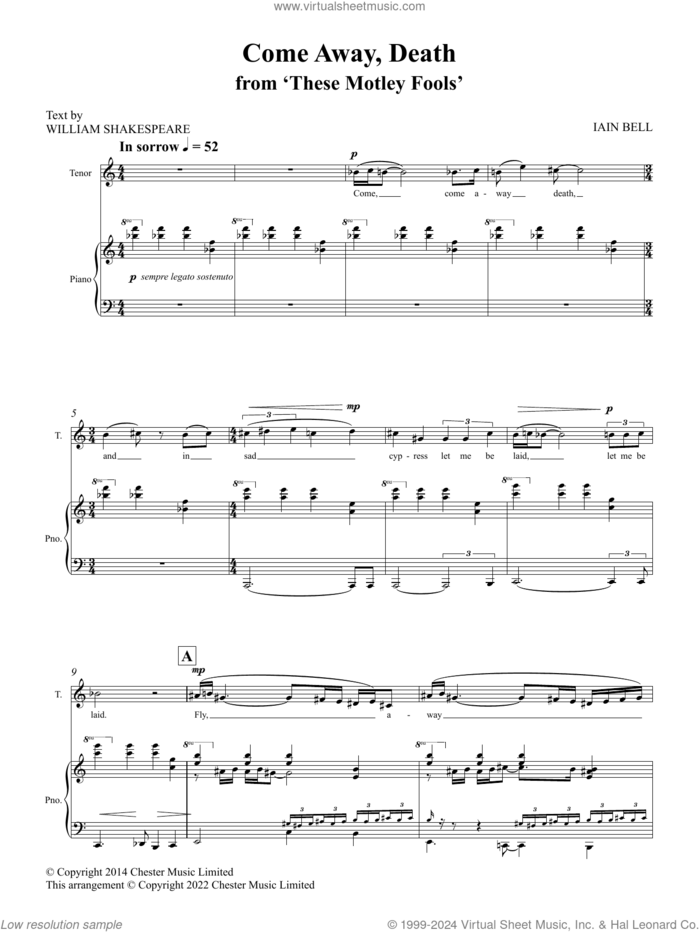 Come Away Death (from These Motley Fools) sheet music for voice solo by Iain Bell, classical score, intermediate skill level