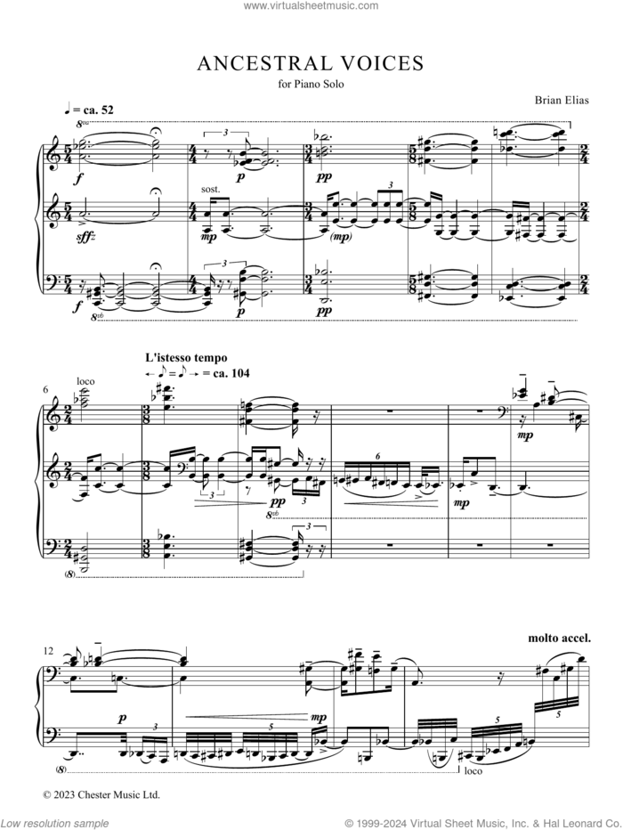 Ancestral Voices sheet music for piano solo by Brian Elias, classical score, intermediate skill level