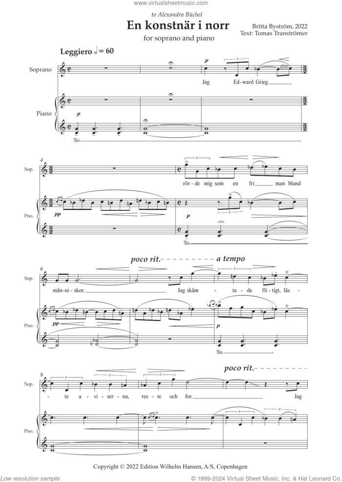 En Konstnar I Norr sheet music for voice and piano by Britta Byström, classical score, intermediate skill level