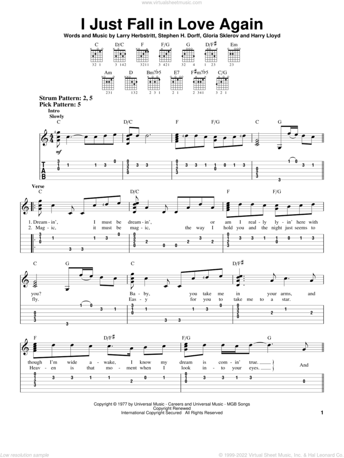 I Just Fall In Love Again sheet music for guitar solo (easy tablature) by Anne Murray, Gloria Sklerov, Harry Lloyd, Larry Herbstritt and Steve Dorff, wedding score, easy guitar (easy tablature)