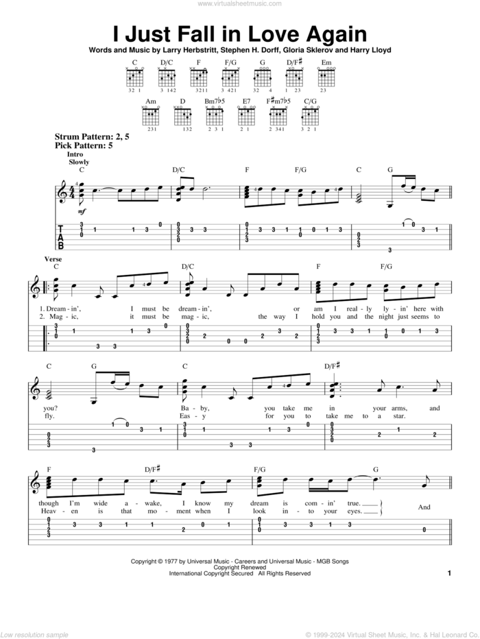 I Just Fall In Love Again sheet music for guitar solo (easy tablature) by Anne Murray, Gloria Sklerov, Harry Lloyd, Larry Herbstritt and Steve Dorff, wedding score, easy guitar (easy tablature)