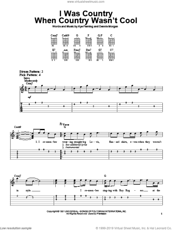 I Was Country When Country Wasn't Cool sheet music for guitar solo (easy tablature) by Barbara Mandrell, Dennis Morgan and Kye Fleming, easy guitar (easy tablature)