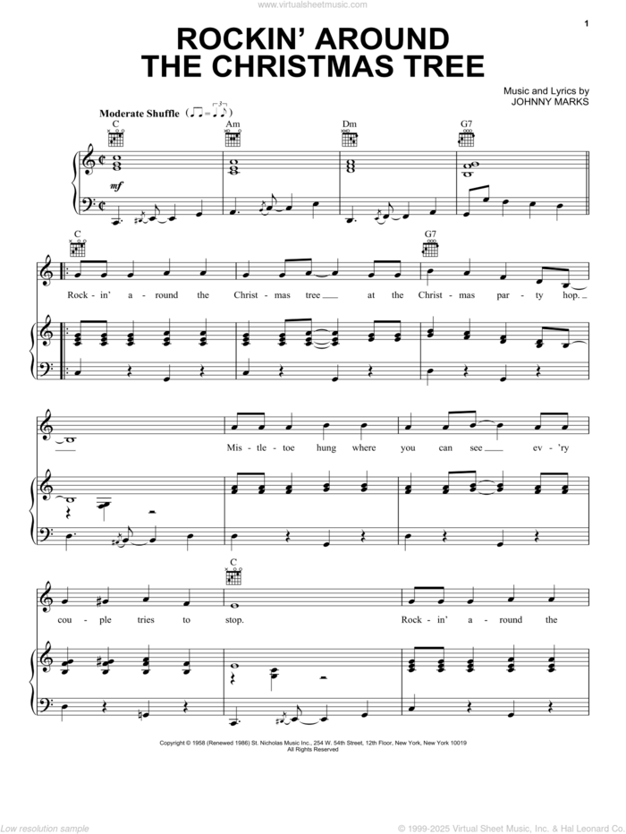 Rockin' Around The Christmas Tree sheet music for voice, piano or guitar by Brenda Lee, Cyndi Lauper, Donna Fargo and Johnny Marks, intermediate skill level