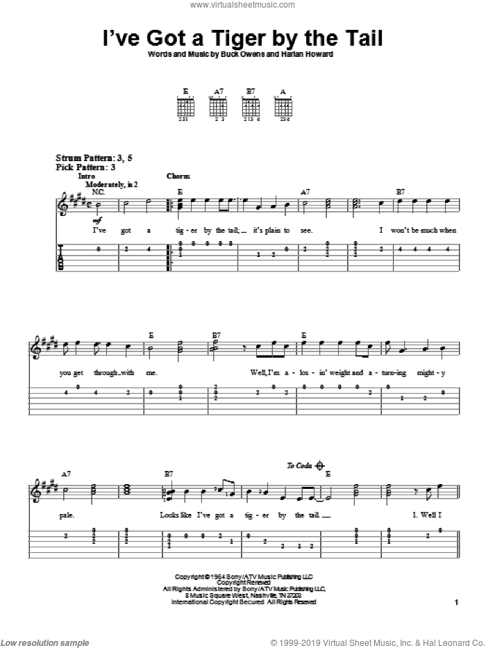 I've Got A Tiger By The Tail sheet music for guitar solo (easy tablature) by Buck Owens and Harlan Howard, easy guitar (easy tablature)