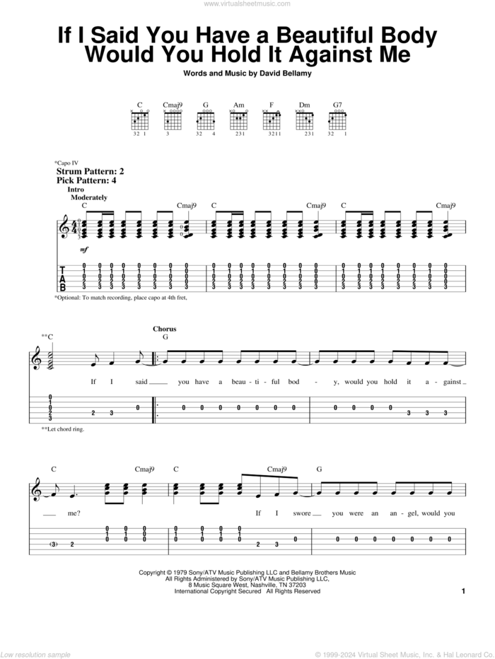 If I Said You Have A Beautiful Body Would You Hold It Against Me sheet music for guitar solo (easy tablature) by Bellamy Brothers and David Bellamy, easy guitar (easy tablature)