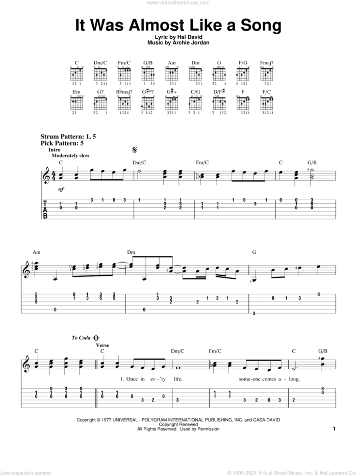 It Was Almost Like A Song sheet music for guitar solo (easy tablature) by Ronnie Milsap, Archie Jordan and Hal David, easy guitar (easy tablature)