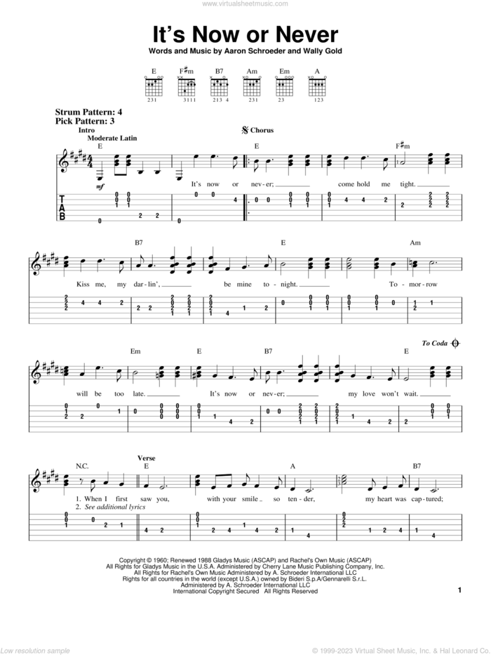 It's Now Or Never sheet music for guitar solo (easy tablature) by Elvis Presley, Aaron Schroeder and Wally Gold, easy guitar (easy tablature)