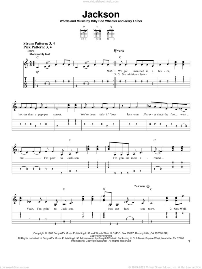 Jackson sheet music for guitar solo (easy tablature) by Johnny Cash & June Carter, Johnny Cash, June Carter, Billy Edd Wheeler and Jerry Leiber, easy guitar (easy tablature)