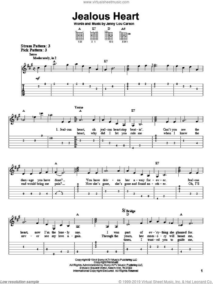 Jealous Heart sheet music for guitar solo (easy tablature) by Tex Ritter and Jenny Lou Carson, easy guitar (easy tablature)