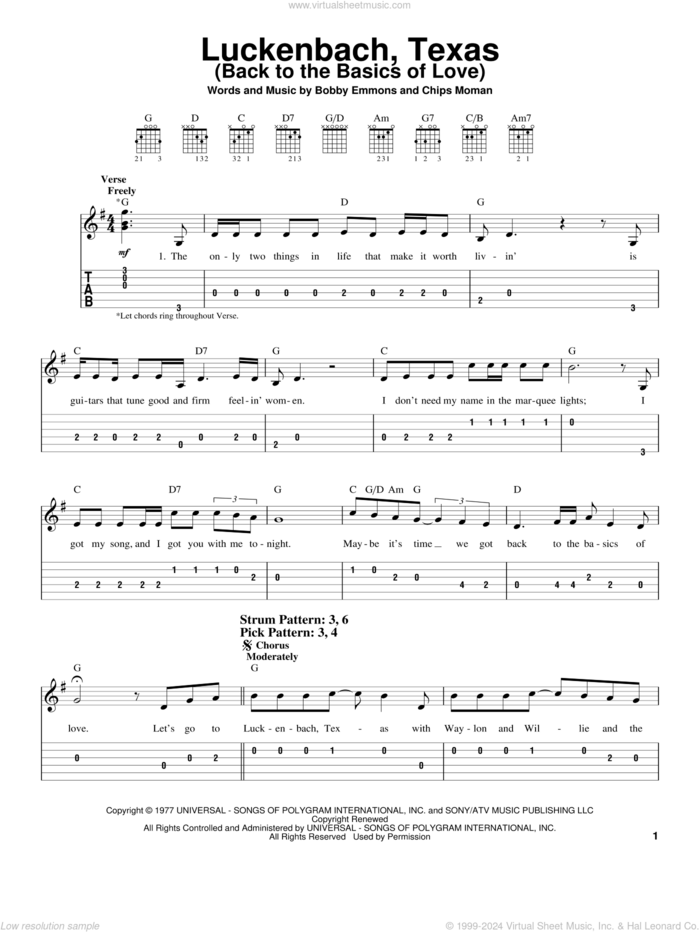 Luckenbach, Texas (Back To The Basics Of Love) sheet music for guitar solo (easy tablature) by Waylon Jennings, Bobby Emmons and Chips Moman, easy guitar (easy tablature)