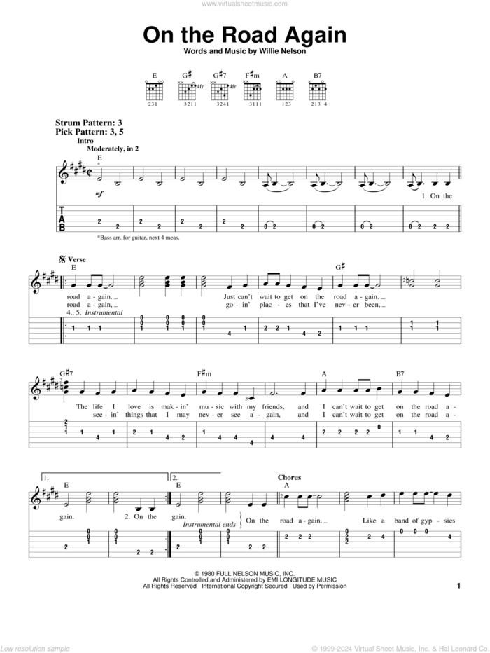 On The Road Again sheet music for guitar solo (easy tablature) by Willie Nelson, easy guitar (easy tablature)