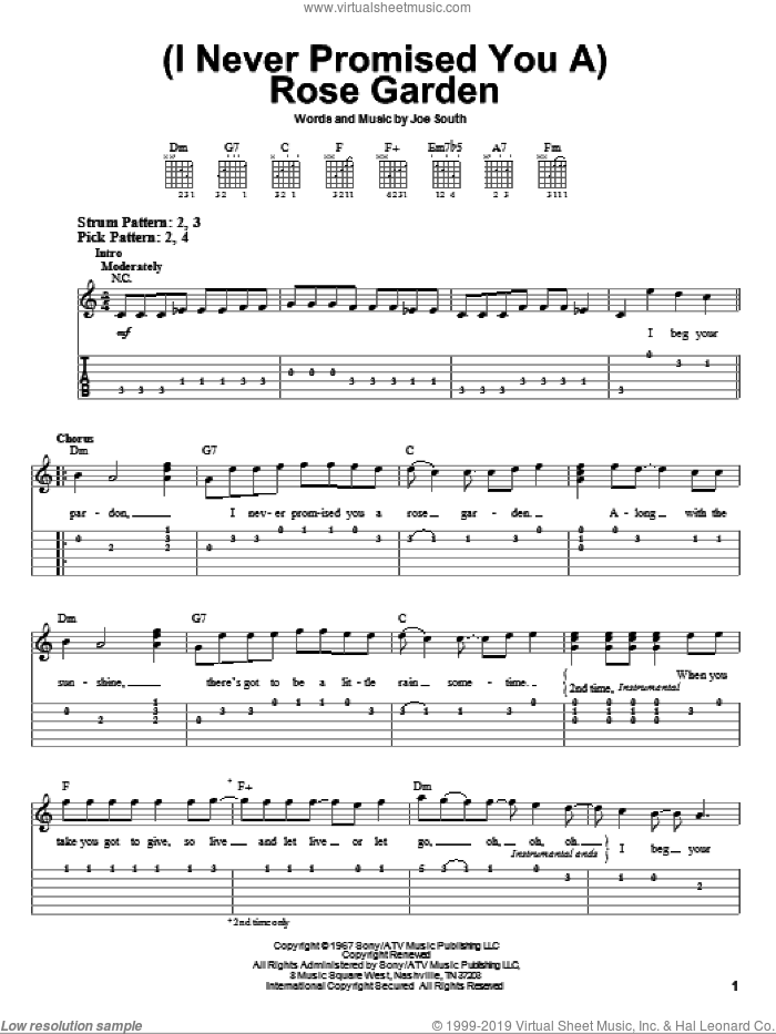 (I Never Promised You A) Rose Garden sheet music for guitar solo (easy tablature) by Lynn Anderson, Martina McBride and Joe South, easy guitar (easy tablature)