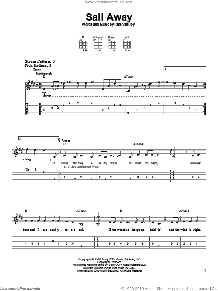 Sail Away sheet music for guitar solo (easy tablature) by Oak Ridge Boys and Rafe VanHoy, easy guitar (easy tablature)