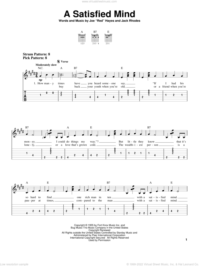 A Satisfied Mind sheet music for guitar solo (easy tablature) by Porter Wagoner, Jack Rhodes and Joe 'Red' Hayes, easy guitar (easy tablature)