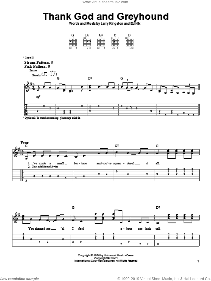 Thank God And Greyhound sheet music for guitar solo (easy tablature) by Roy Clark, Ed Nix and Larry Kingston, easy guitar (easy tablature)