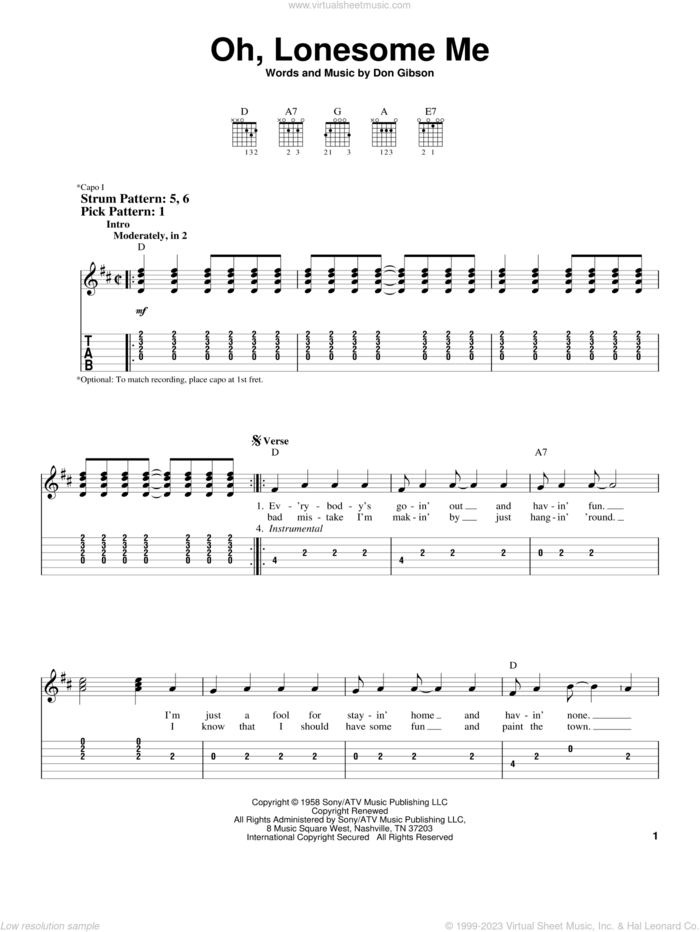 Oh, Lonesome Me sheet music for guitar solo (easy tablature) by Don Gibson, easy guitar (easy tablature)