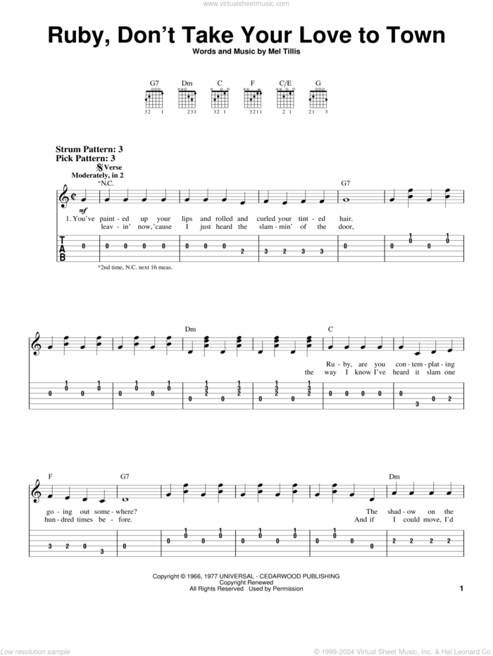 Ruby, Don't Take Your Love To Town sheet music for guitar solo (easy tablature) by Kenny Rogers and Mel Tillis, easy guitar (easy tablature)