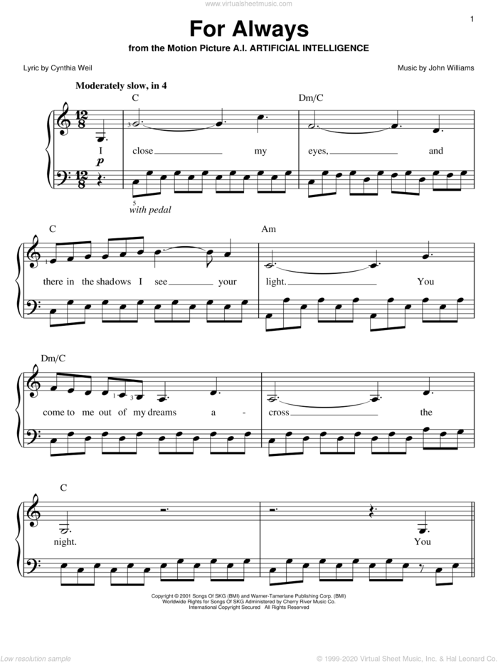 For Always sheet music for piano solo by Josh Groban, BeBe Winans, CeCe Winans, Lara Fabian, Cynthia Weil and John Williams, wedding score, easy skill level