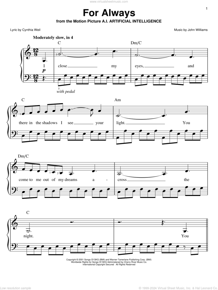 For Always sheet music for piano solo by Josh Groban, BeBe Winans, CeCe Winans, Lara Fabian, Cynthia Weil and John Williams, wedding score, easy skill level