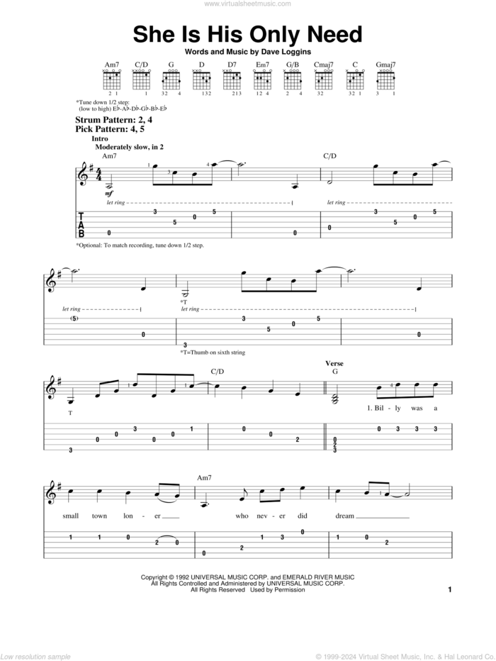 She Is His Only Need sheet music for guitar solo (easy tablature) by Wynonna Judd and Dave Loggins, wedding score, easy guitar (easy tablature)