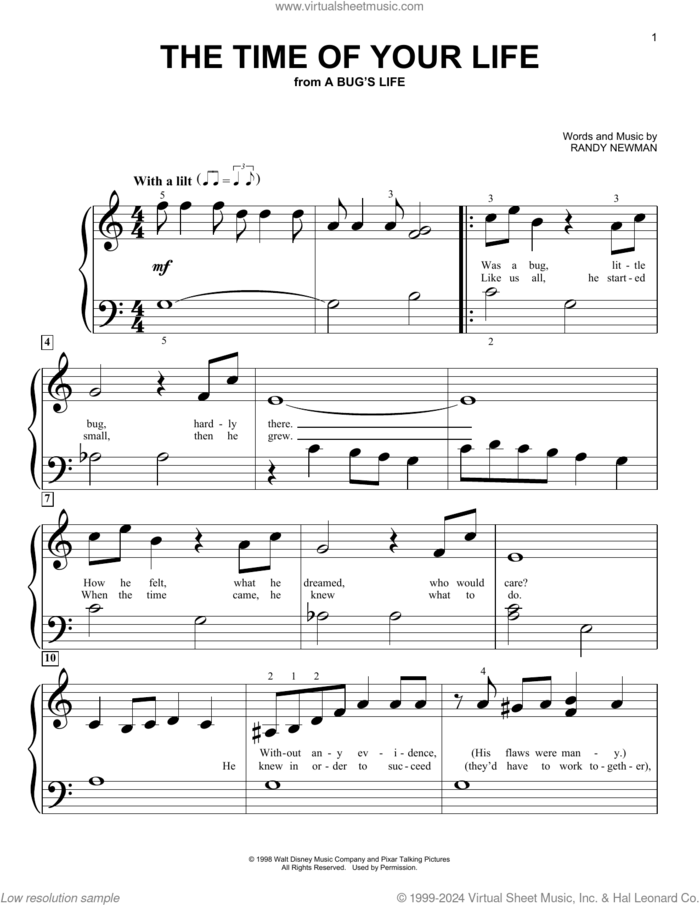 The Time Of Your Life (from A Bug's Life) sheet music for piano solo (big note book) by Randy Newman, easy piano (big note book)