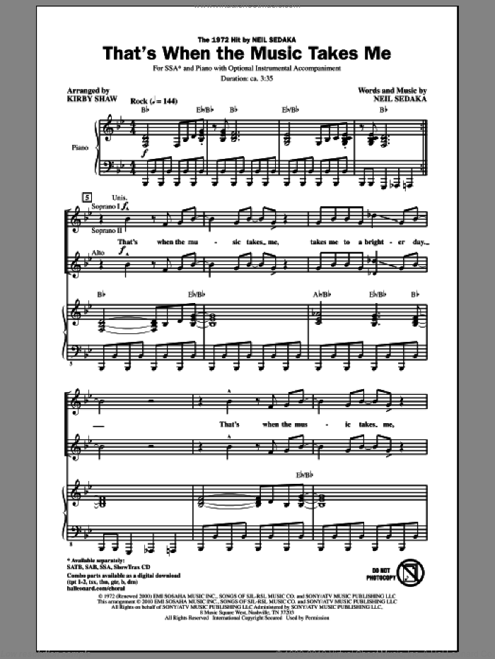 That's When The Music Takes Me sheet music for choir (SSA: soprano, alto) by Neil Sedaka and Kirby Shaw, intermediate skill level