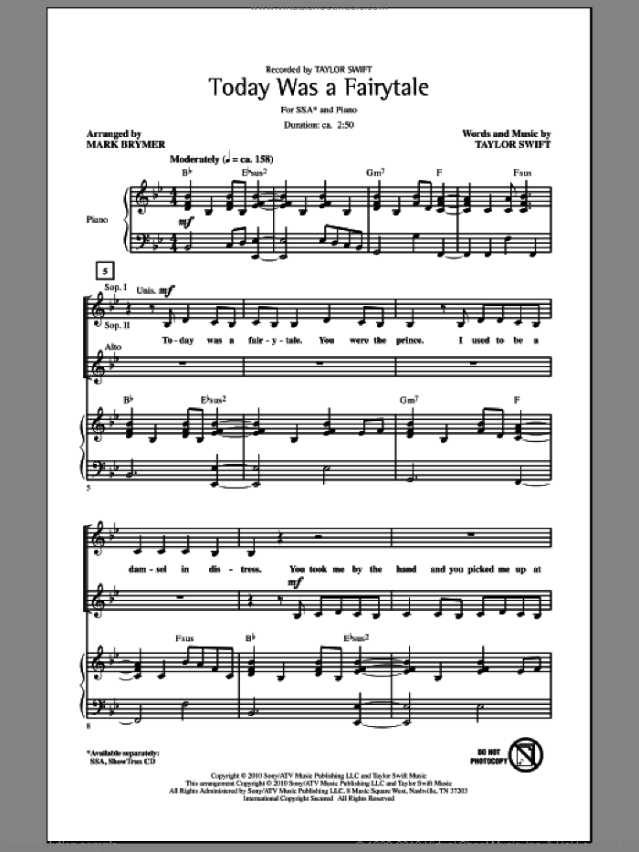 Today Was A Fairytale sheet music for choir (SSA: soprano, alto) by Taylor Swift and Mark Brymer, intermediate skill level