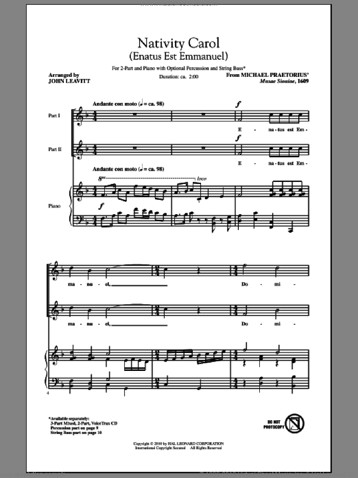 Nativity Carol (Enatus Est Emmanuel) sheet music for choir (2-Part) by Michael Praetorius and John Leavitt, intermediate duet