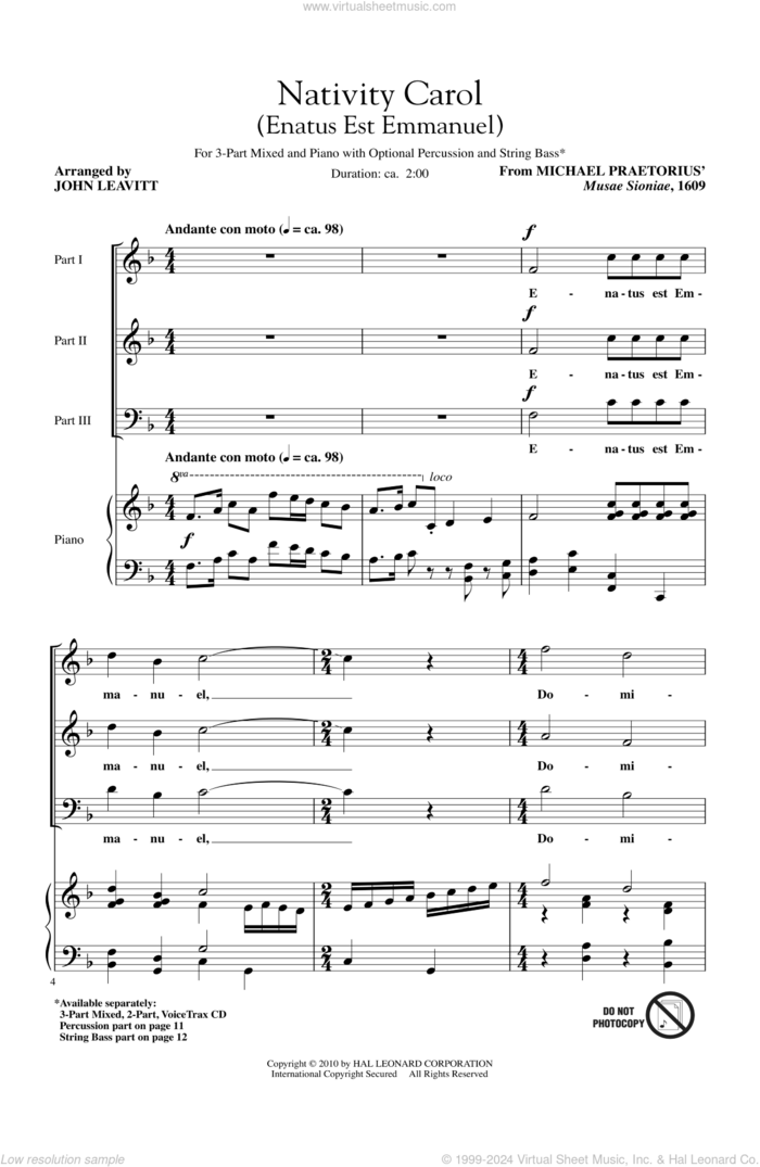 Nativity Carol (Enatus Est Emmanuel) sheet music for choir (3-Part Mixed) by Michael Praetorius and John Leavitt, intermediate skill level