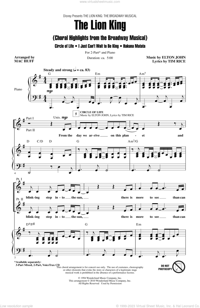 The Lion King (Broadway Musical Highlights) sheet music for choir (2-Part) by Elton John, Tim Rice and Mac Huff, intermediate duet