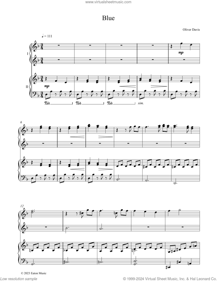 Blue sheet music for piano four hands by Oliver Davis, classical score, intermediate skill level