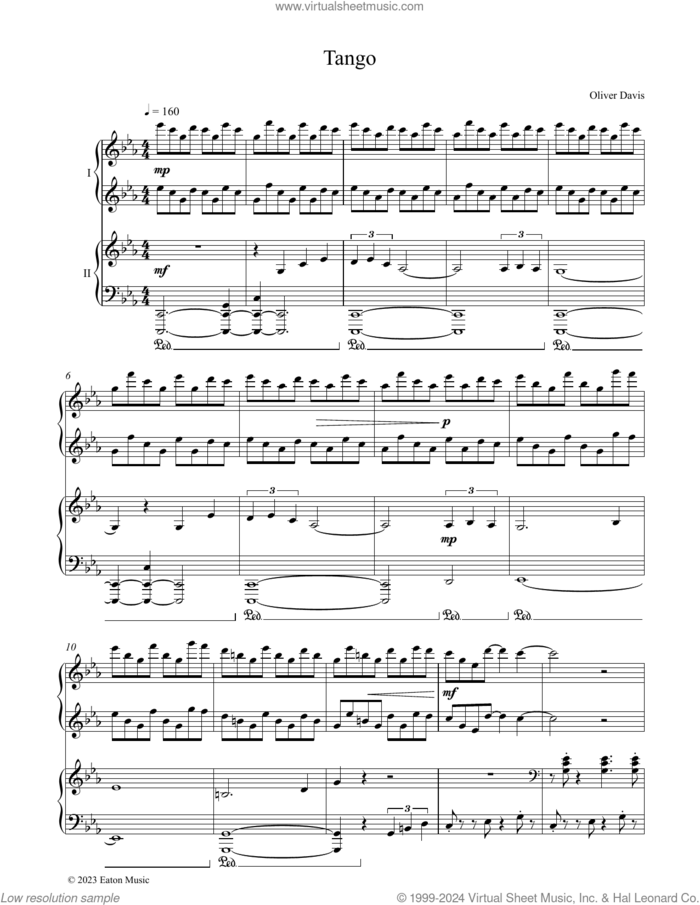 Tango sheet music for piano four hands by Oliver Davis, classical score, intermediate skill level