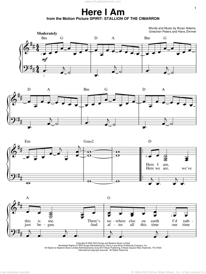 Here I Am sheet music for piano solo by Bryan Adams, Spirit: Stallion Of The Cimarron (Movie), Gretchen Peters and Hans Zimmer, easy skill level