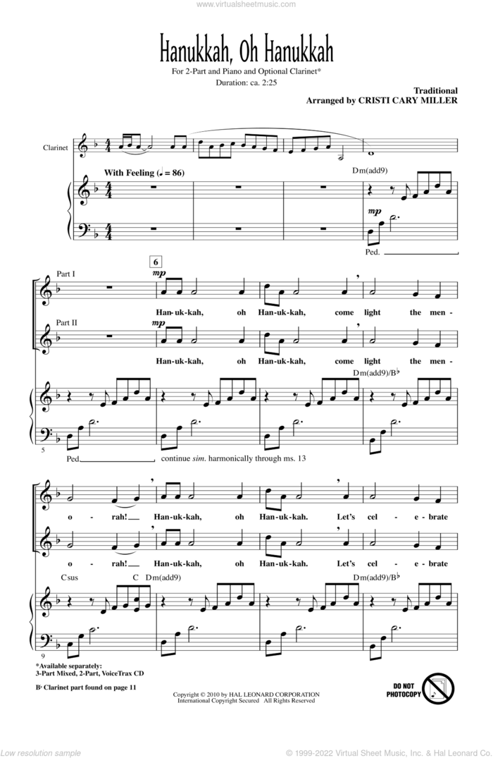 Hanukkah, Oh Hanukkah sheet music for choir (2-Part) by Cristi Cary Miller, intermediate duet