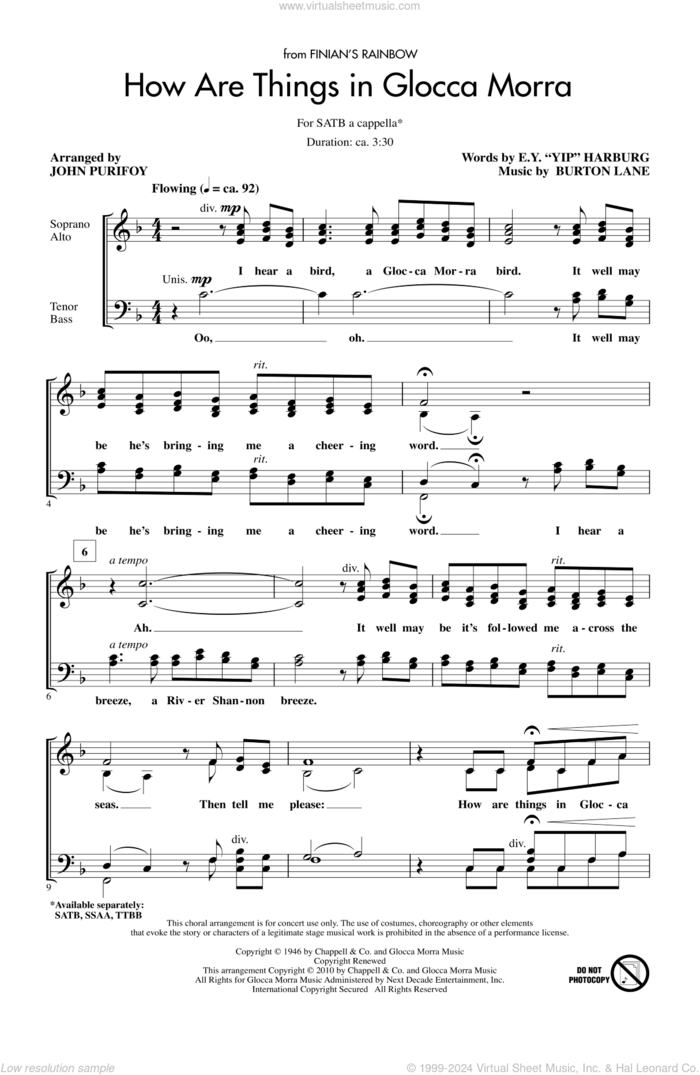 How Are Things In Glocca Morra sheet music for choir (SATB: soprano, alto, tenor, bass) by E.Y. Harburg, Burton Lane and John Purifoy, intermediate skill level