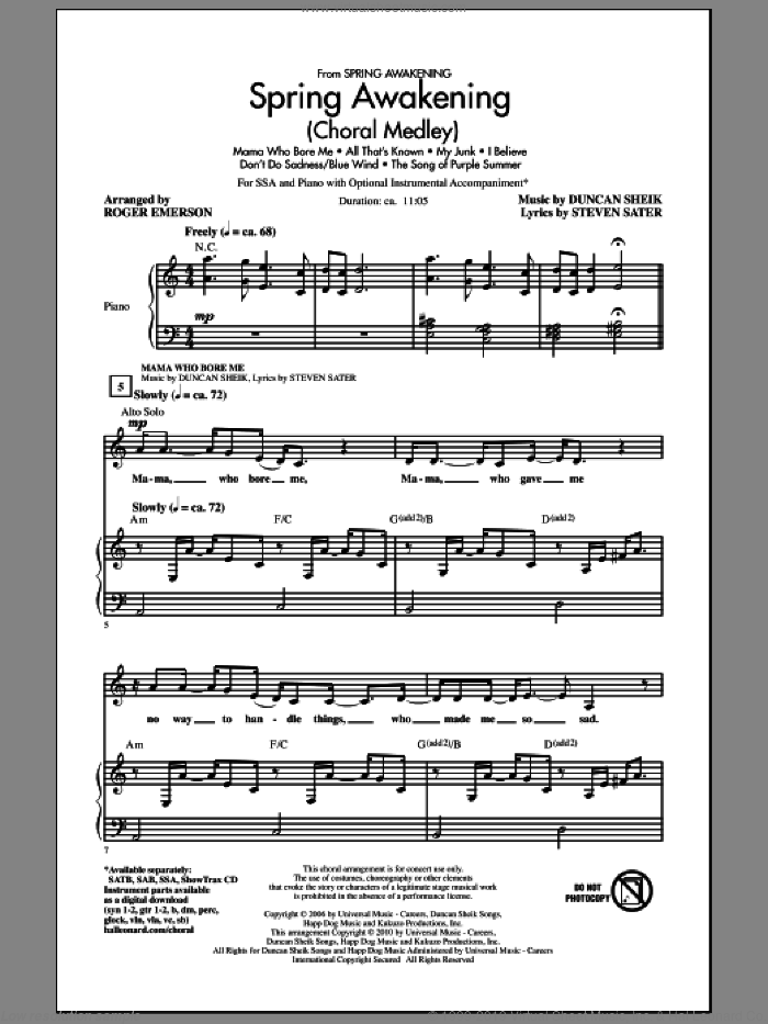 Spring Awakening (Choral Medley) sheet music for choir (SSA: soprano, alto) by Duncan Sheik, Steven Sater and Roger Emerson, intermediate skill level