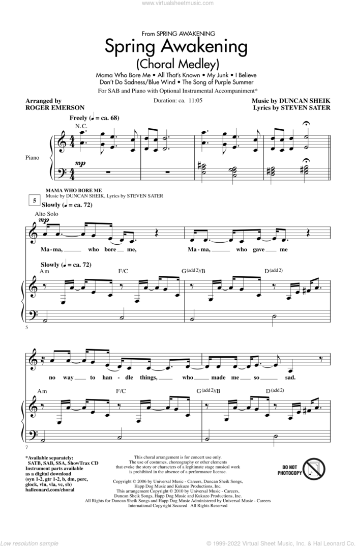 Spring Awakening (Choral Medley) sheet music for choir (SAB: soprano, alto, bass) by Duncan Sheik, Steven Sater and Roger Emerson, intermediate skill level