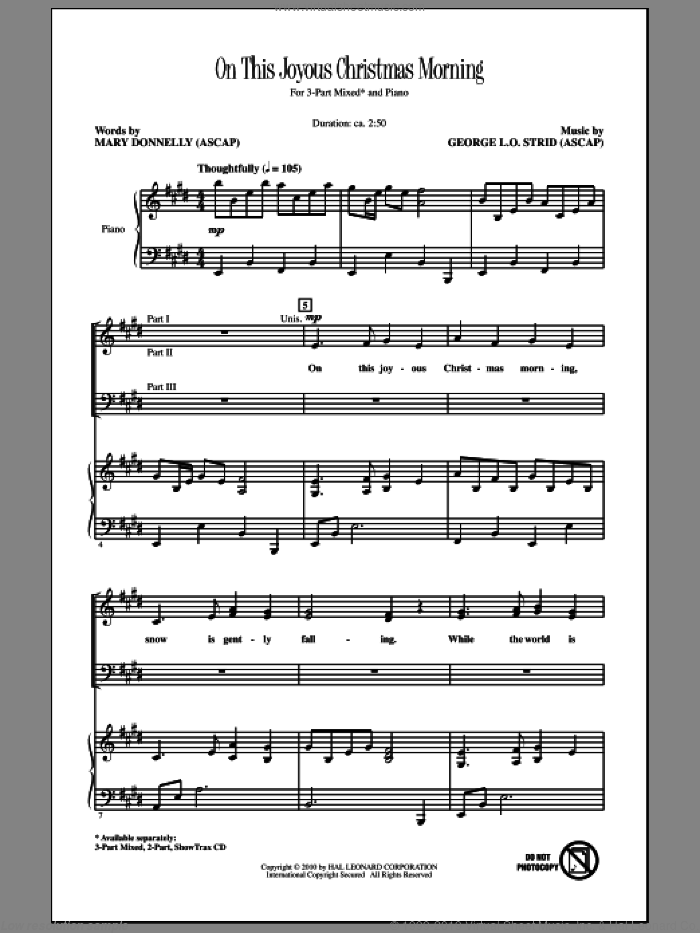 On This Joyous Christmas Morning sheet music for choir (3-Part Mixed) by Mary Donnelly and George L.O. Strid, intermediate skill level