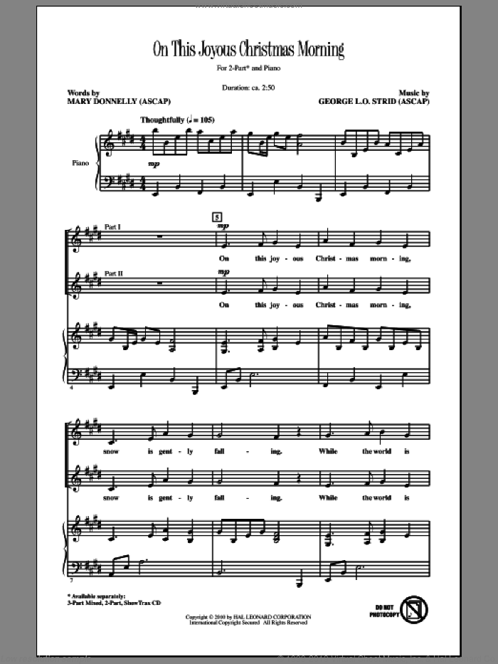 On This Joyous Christmas Morning sheet music for choir (2-Part) by Mary Donnelly and George L.O. Strid, intermediate duet