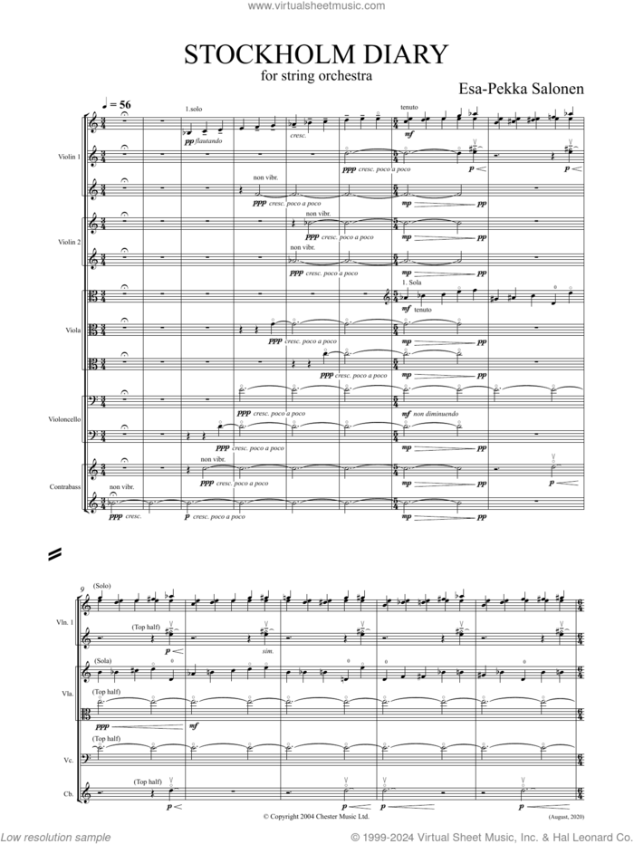 Stockholm Diary (Study Score) sheet music for string orchestra by Esa-Pekka Salonen, classical score, intermediate skill level